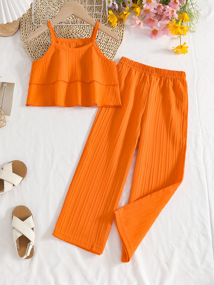 Little Girl's Summer Plain Vest 2pcs Set with Straight Trousers, Fashionable and Elegant Children's Clothing., Perfect for Outdoor