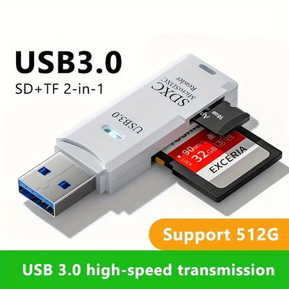 Mini 2-in-1 USB 3.0 Card Reader - SD/Micro SD/TF Memory Card Adapter for PC & Laptop - Flash Drive Compatible