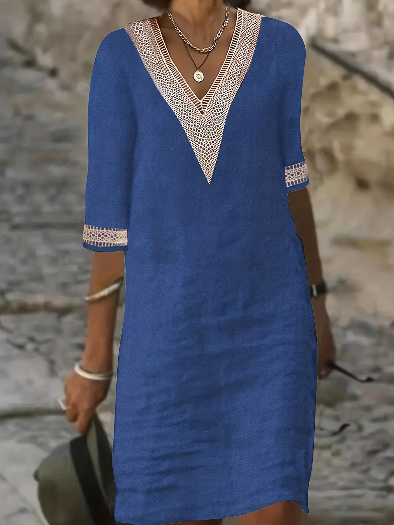 Women's Fashion V-Neck Lace Short Sleeve Dress