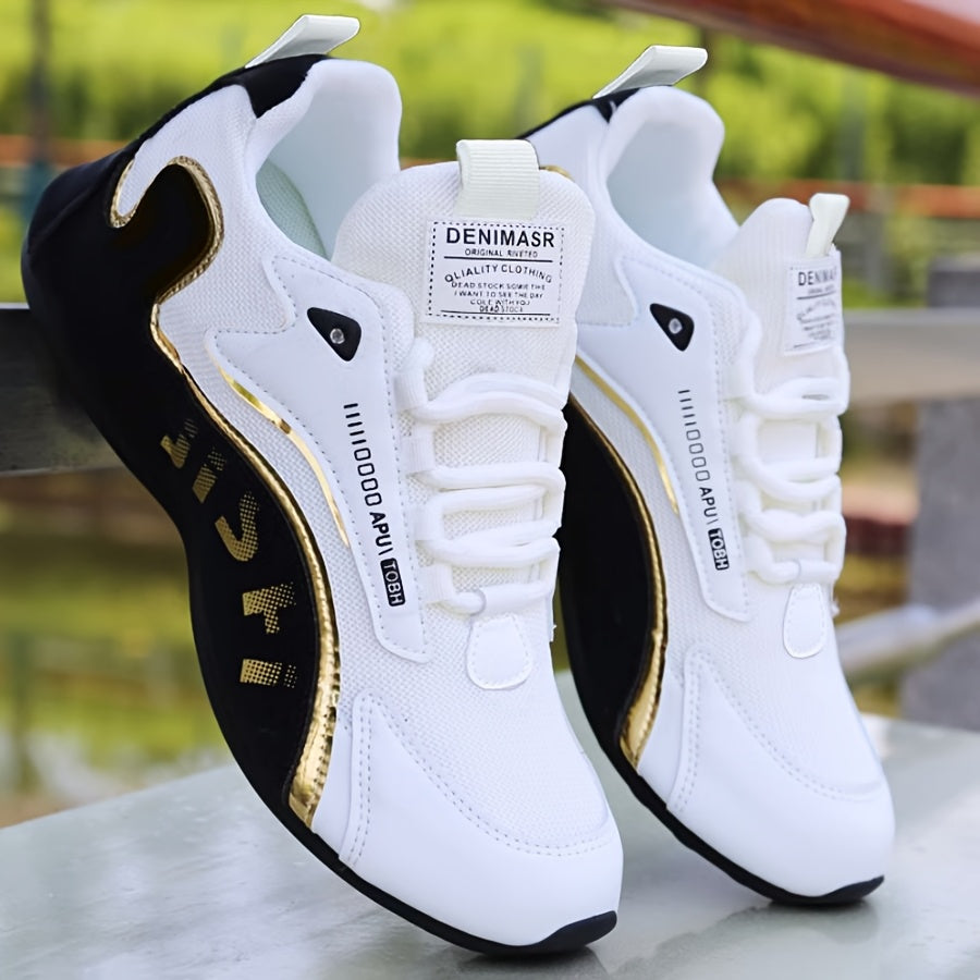 Men'S Fashion Casual Sneakers - Low-Top Lace-Up with Golden Accents, Breathable Fabric Lining & Durable PVC Sole, All-Season Comfort for Outdoor, Daily Wear & Street Style, Outdoor Footwear, Stylish Laceups, Fabric Lined Interior
