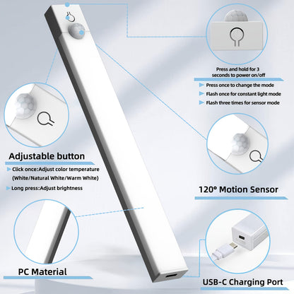 11.81/19.68In Under-Unit Light, USB Rechargeable Dimmable Cabinet Light - Motion Activated, LED Sensor Light, Night Light Suitable for Kitchen, Bathroom, Bedroom, Stage Lighting, And Music Stand Lighting