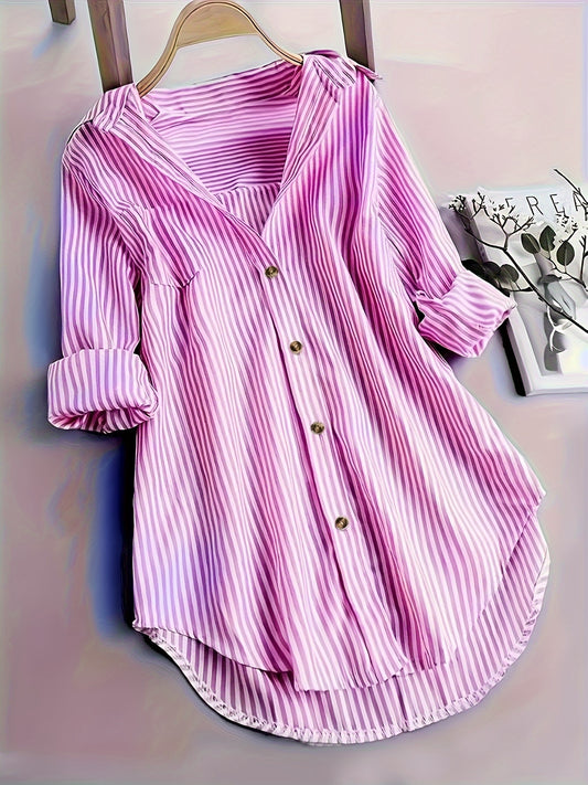 Elegant Striped Shirt for Women, Stylish Long-Sleeve Blouse with a Collar And Pockets