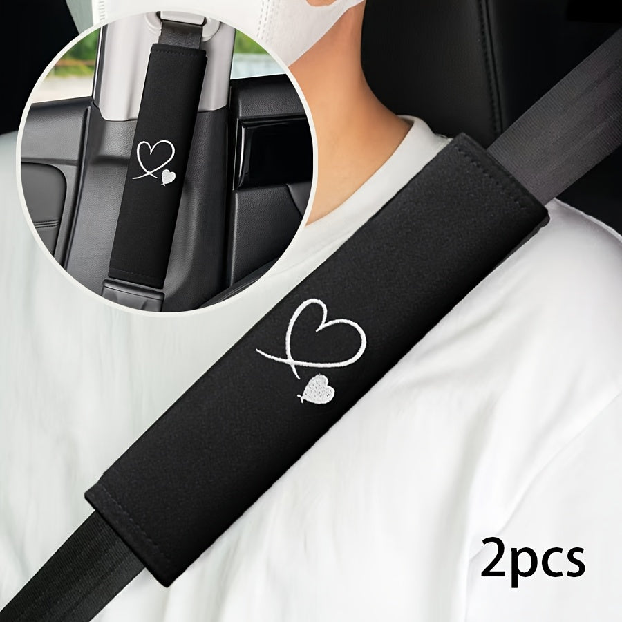 2pcs Car Seat Belt Shoulder Pads with Embroidered Heart Design - Soft Cool Comfort Covers for Enhanced Driving Experience, Fit Black Automotive Interior Accessories, Seat Belt Cover Shoulder Strap, Vehicle Comfort Enhancement, Sleek Style, Cooling Materia