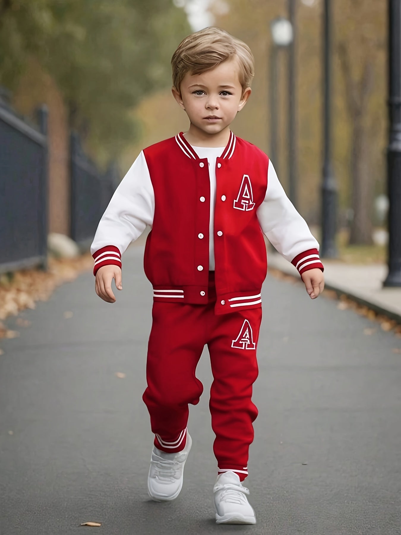 European And American Boys' Autumn And Winter Baseball Jacket with Letter A Print + Letter A Print Long Pants Two-Piece Set, for Outdoor