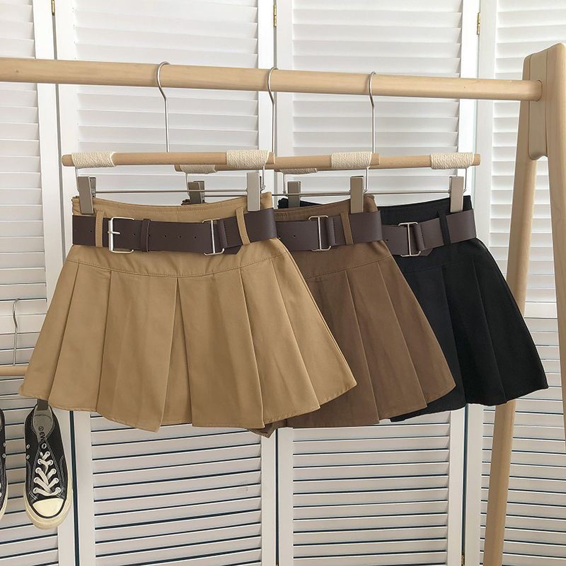 With belt high waist pleated skirt women's spring and summer 2025 new Korean version versatile anti-light khaki skirt