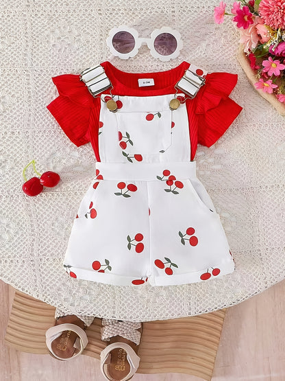Baby Girl Two-Piece Set | Pink Floral Print Romper with Pockets and Ruffle Trim Top | Cute and Practical for Newborns, for Outdoor