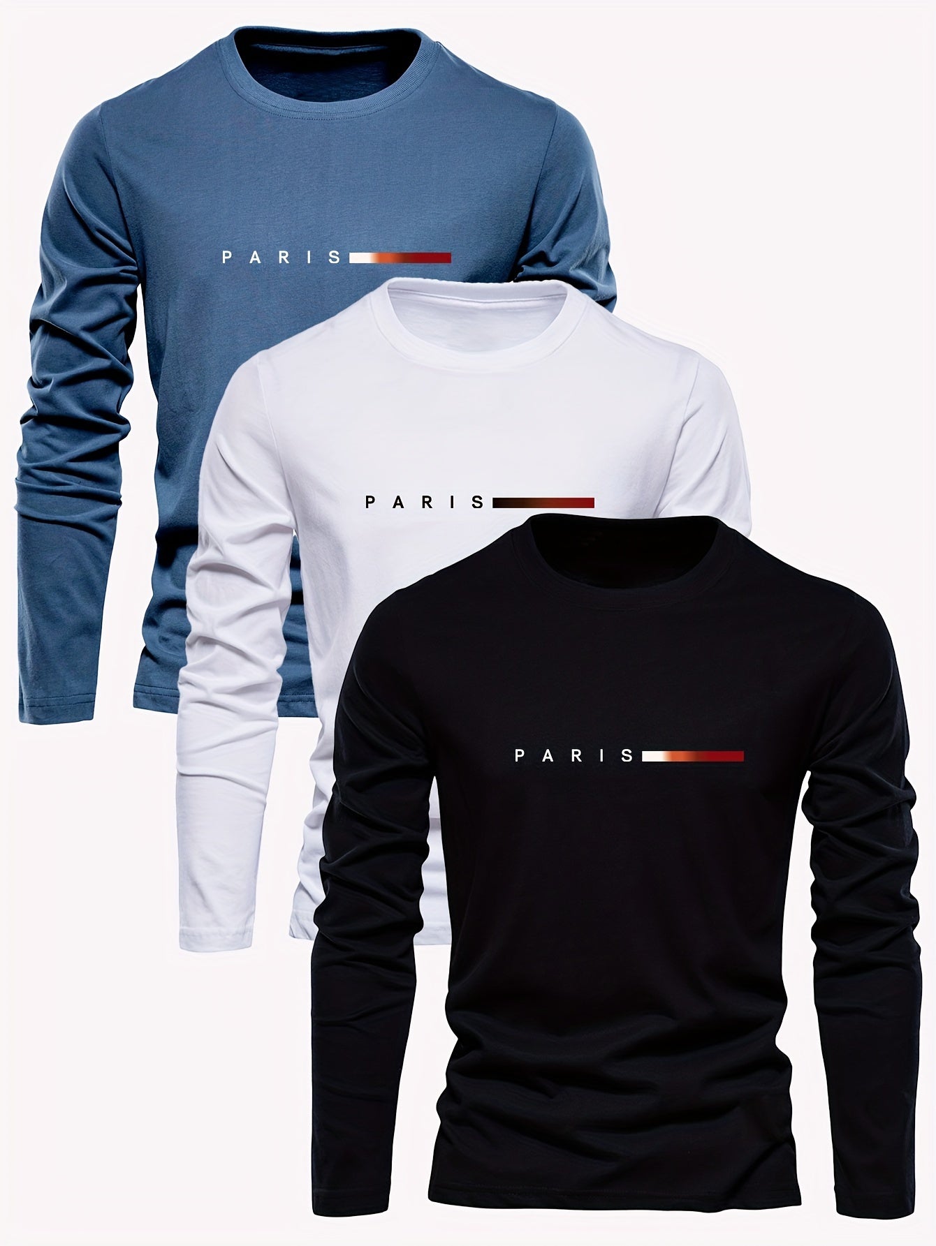 3pcs Men's 100% Cotton Long Sleeve T-Shirts with Lettered Applique Logos - Round Neck Casual Streetwear, Spring/Fall Wardrobe in Breathable Fabric for Casual Attire (3pcs Pack)