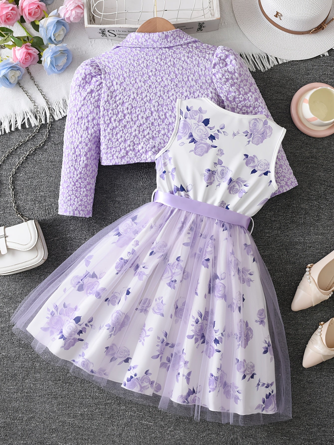 Girls' Autumn 2pcs Set: V-Neck Floral Print Long-Sleeve Outer Jacket and Rose Print Vest Dress with Spliced Mesh, Belt Included. A Stylish and Versatile Choice, Perfect for Daily Casual Wear, Outdoor Outings, Gatherings, Parties, and Other Special