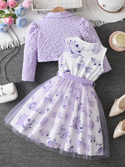 Girls' Autumn 2pcs Set: V-Neck Floral Print Long-Sleeve Outer Jacket and Rose Print Vest Dress with Spliced Mesh, Belt Included. A Stylish and Versatile Choice, Perfect for Daily Casual Wear, Outdoor Outings, Gatherings, Parties, and Other Special