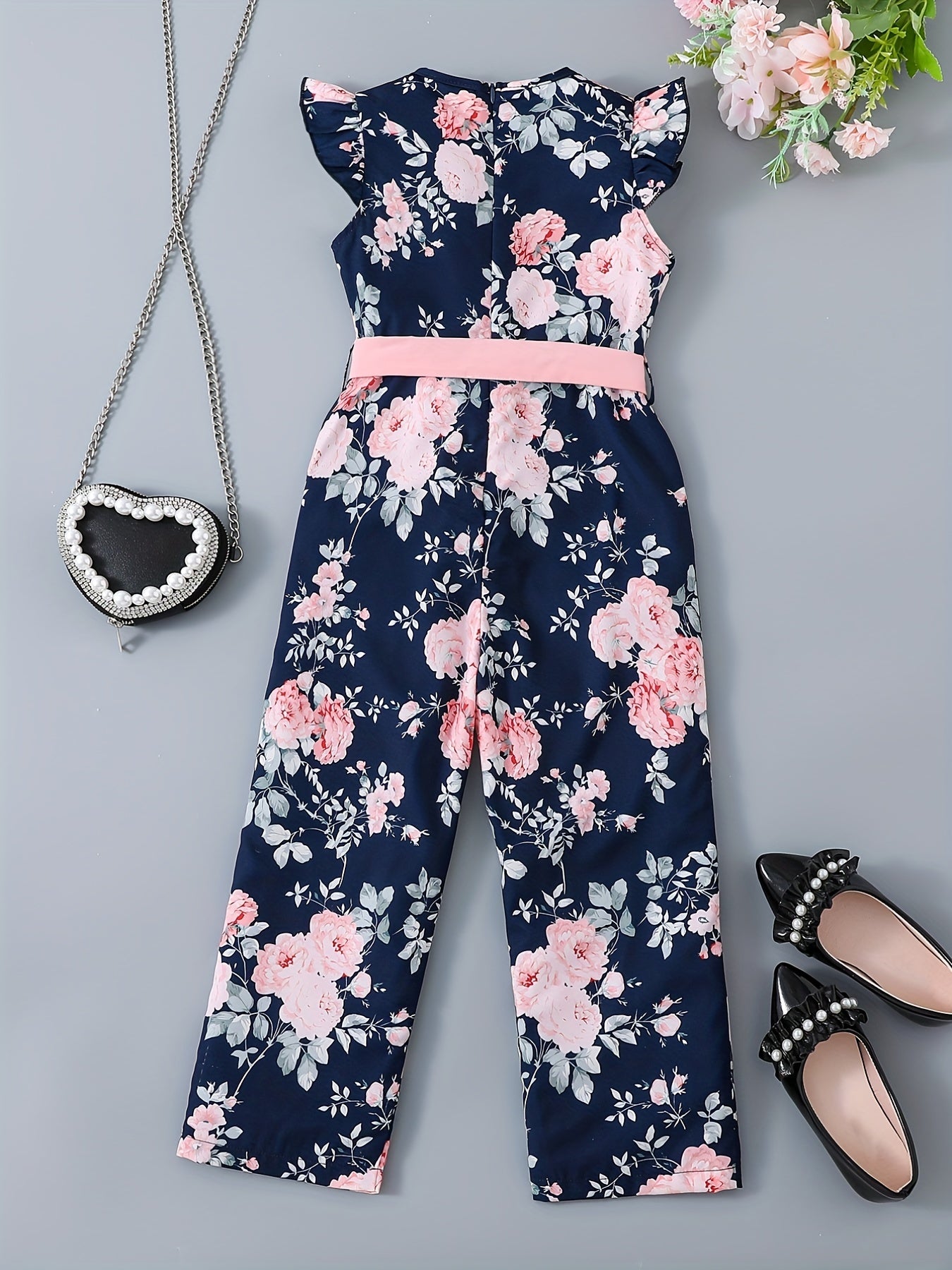 Girls' Casual Jumpsuit, Sleeveless Round Neck with Floral Print, Back Zipper Design with Belt, Perfect for Outdoor Activities, Summer Fashion