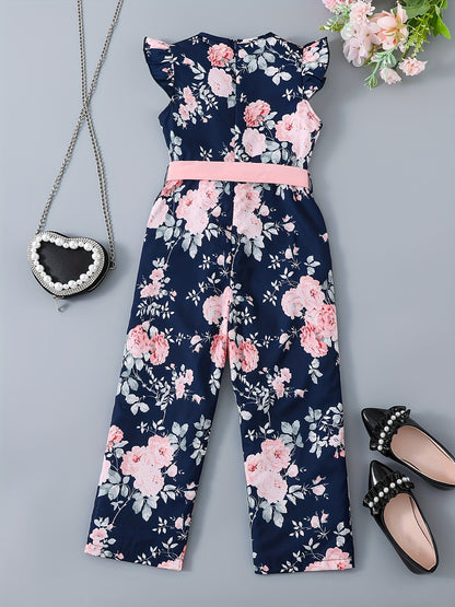 Girls' Casual Jumpsuit, Sleeveless Round Neck with Floral Print, Back Zipper Design with Belt, Perfect for Outdoor Activities, Summer Fashion