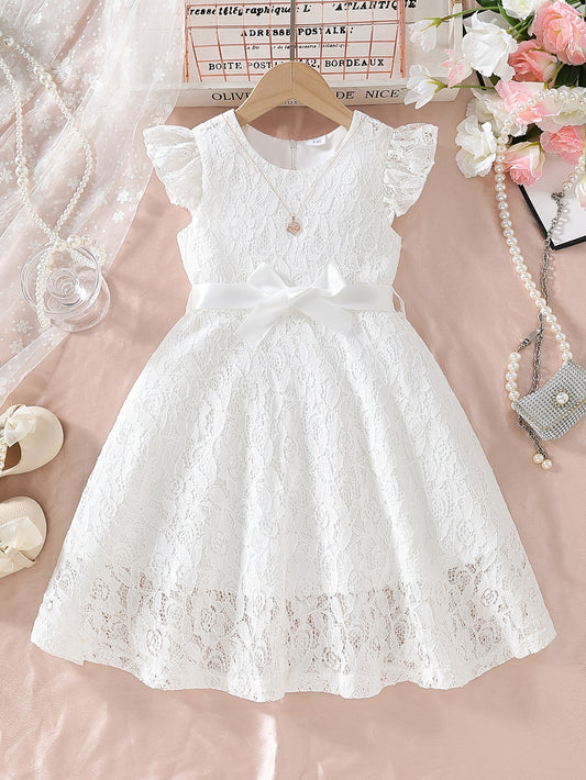 [Girls Elegant Dresses] Elegant Dresses for Girls Aged 3-10 for Spring And Summer, Featuring a Solid Color, Lace Round Neck, Small Flutter Sleeves, And a Sweet Zipper Design. Comes with a Belt, Perfect for Casual Outings, Birthday Parties, Or As a Gift fo