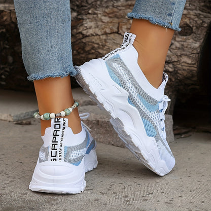 Women'S Color-Blocked Casual Sneakers, Breathable Lace-Up Running Shoes with Flying Woven Design, Stylish Mesh Platform Casual Footwear., Women Shoes