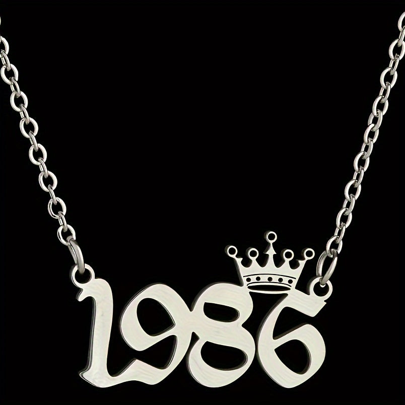 1 Elegant and Stylish Stainless Steel Polished Year Number Necklace, Unique Date Birthday Crown Pendant Necklace Gift for 1980-2024, Versatile Casual Attire Collarbone Chain Holiday Present
