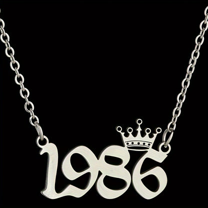 1 Elegant and Stylish Stainless Steel Polished Year Number Necklace, Unique Date Birthday Crown Pendant Necklace Gift for 1980-2024, Versatile Casual Attire Collarbone Chain Holiday Present