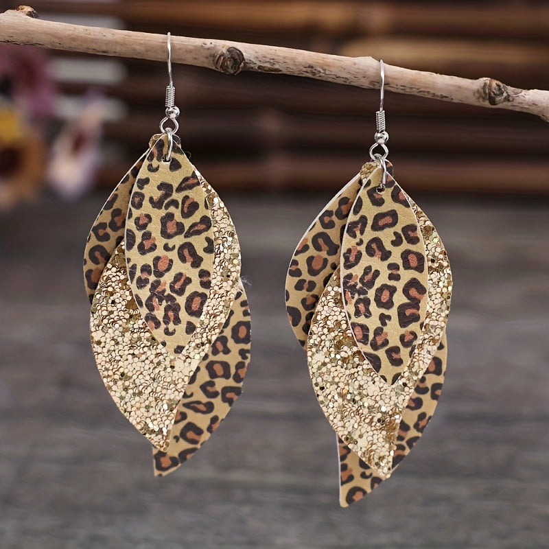 [Triple Leopard Sequin Earrings] Vintage Triple Leopard PU Leather Sequin Layer Earrings
