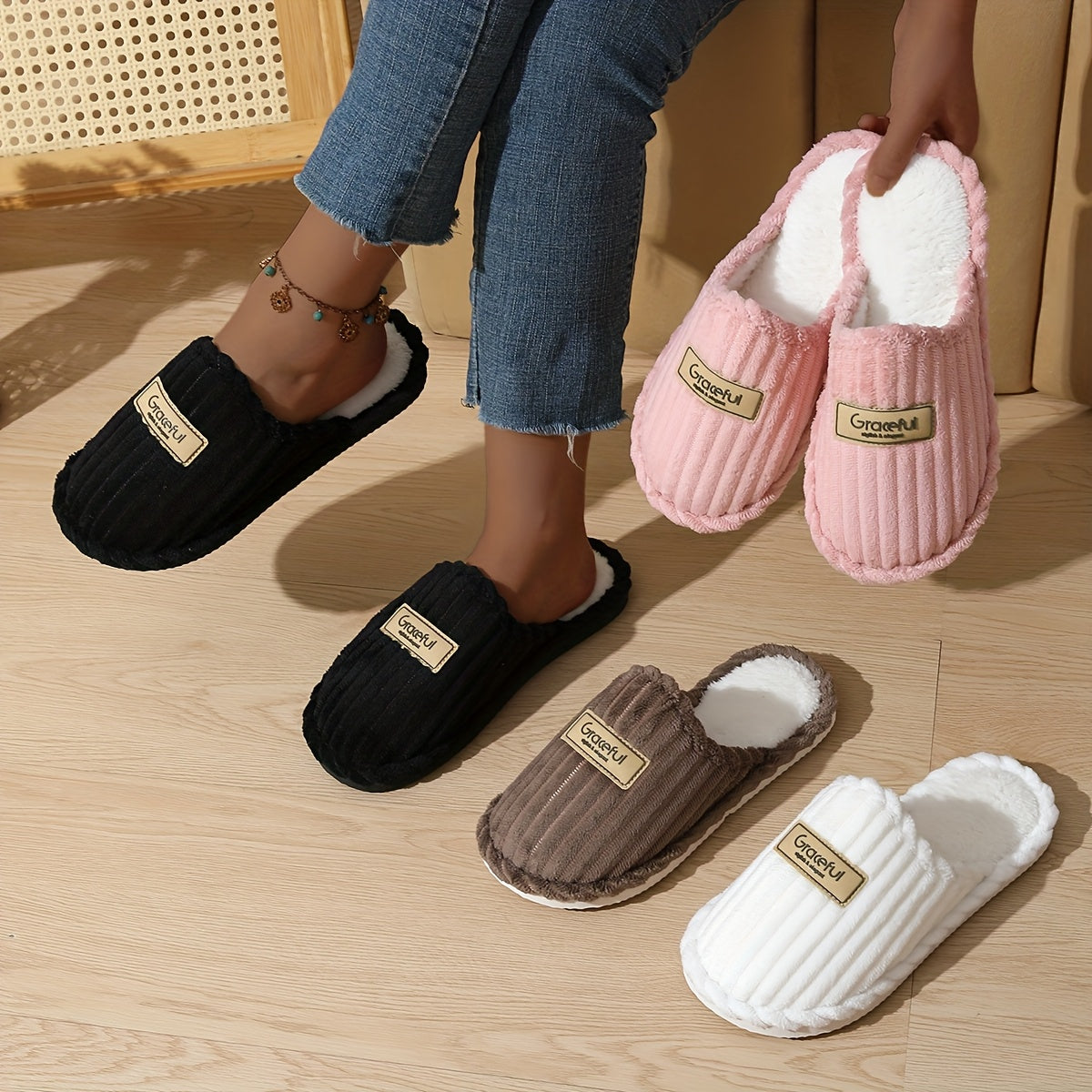 Elegant Vertical Stripe Slippers | Warm Soft Fabric with Fluffy Lining, All-Season Home Slippers, Couple'S Perfect Holiday Gift, Hand Washable, Non-Dry Cleanable, EVA Sole