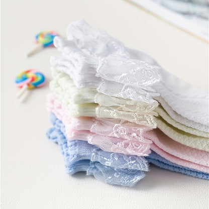 4 Pairs Of Girl's Lace Ruffle Frilly Trim Crew Socks, Breathable Comfy Dance Princess Socks