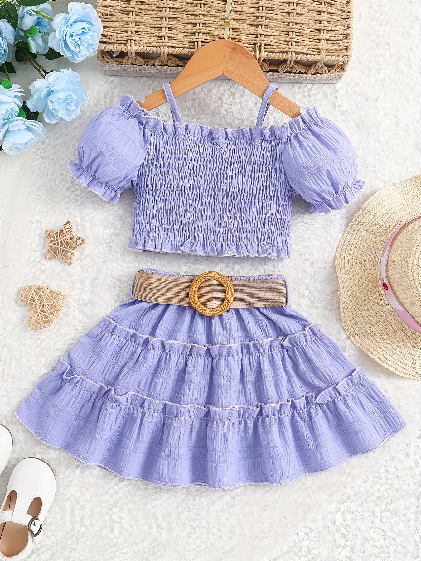 [Off-Shoulder Top Skirt Set] Summer Solid Color Off-Shoulder Lantern Sleeve Top and Knee-Length Skirt with Belt Set for Girls, Perfect for Outdoor Activities, Casual Attire, Playful Style
