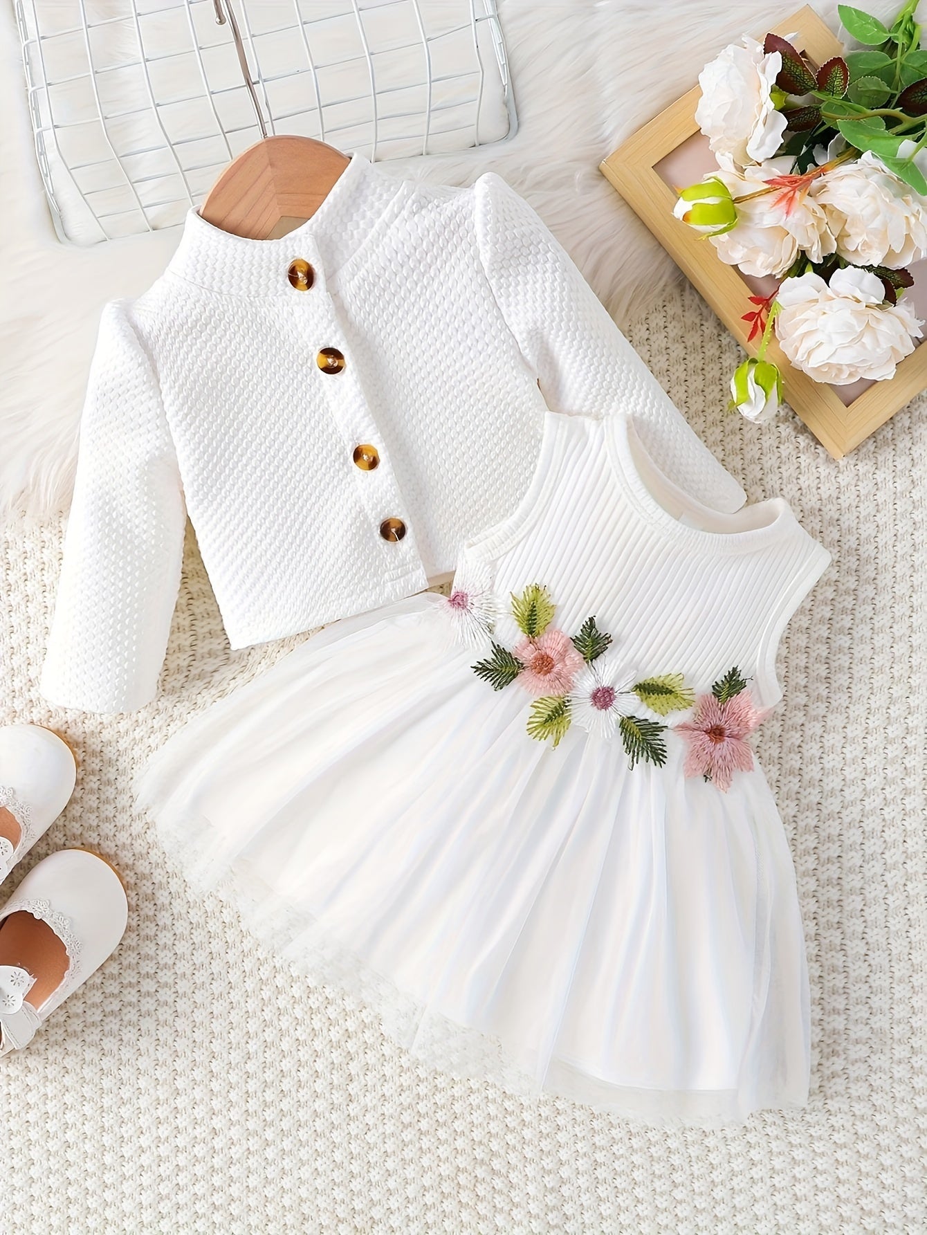 [Casual | Floral] Long Sleeve Floral Girls' Casual Dress | Skirt Set with Jacket