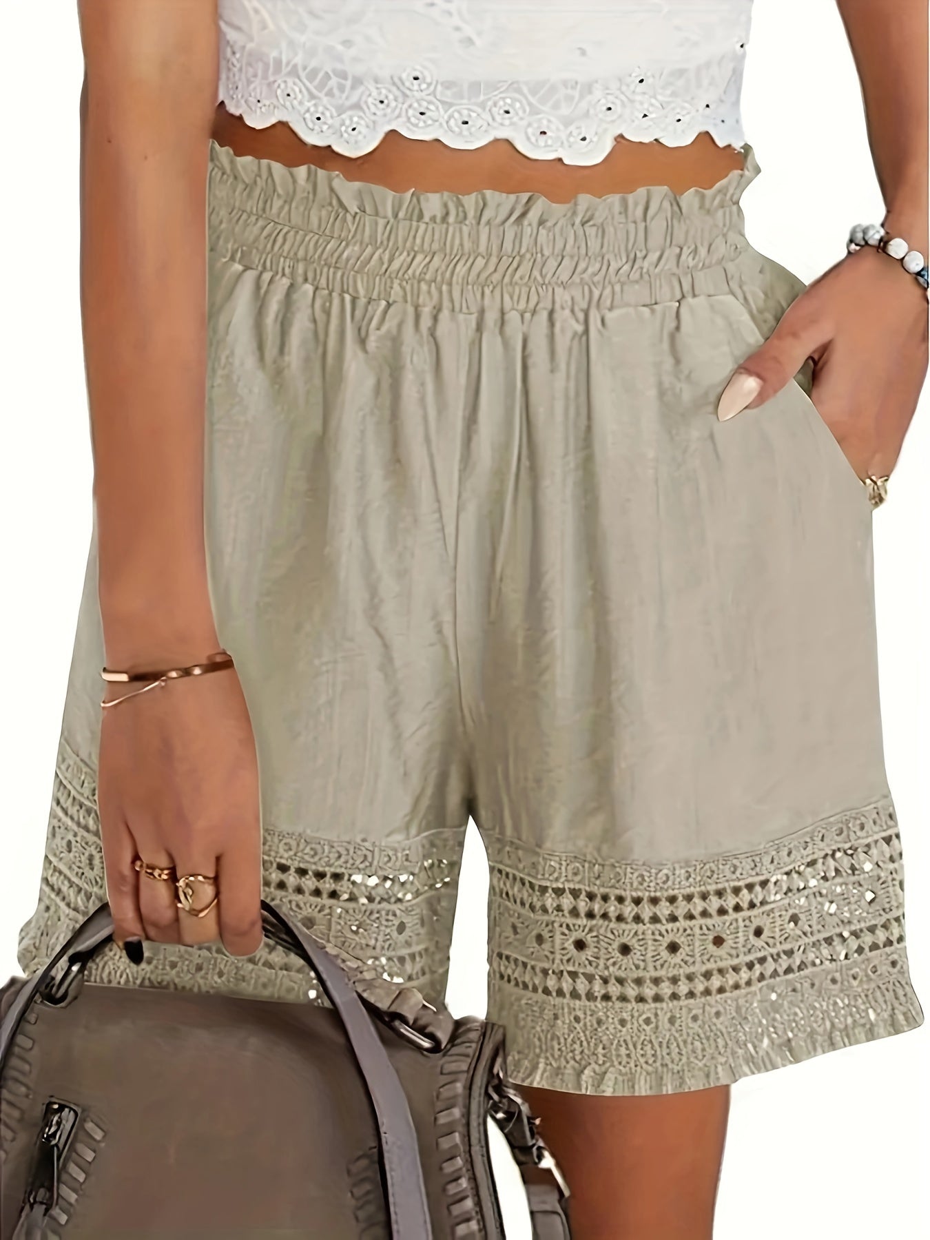 Summer Casual Shorts for Women, Lace Trim Slant Pocket Paper Bag Waist Shorts