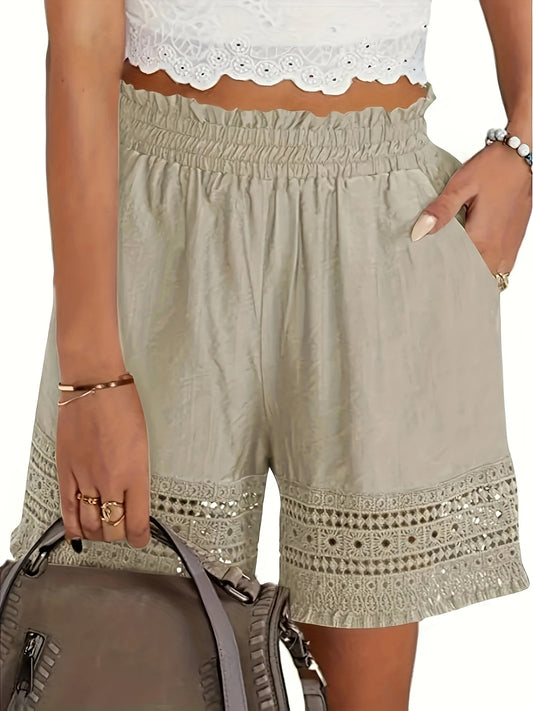 Summer Casual Shorts for Women, Lace Trim Slant Pocket Paper Bag Waist Shorts