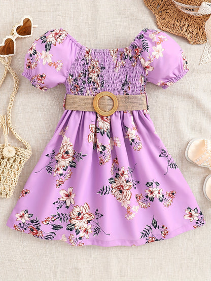 Summer Casual Dress for Girls Featuring a Stylish Floral Print, Knee-Length, with a Loose Fit And Gathered Design