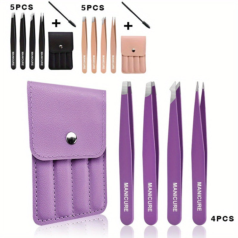 Purple 4pcs Set/Black 5pcss Set/Pink 5pcss Set/Stainless Steel Eyebrow Tweezers Purple Set/Makeup Tools for Eyelash Extension/Eyebrow Shaping/Beard Hair Removal/And False Eyelash Auxiliary Tools