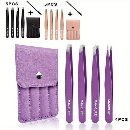 Purple 4pcs Set/Black 5pcss Set/Pink 5pcss Set/Stainless Steel Eyebrow Tweezers Purple Set/Makeup Tools for Eyelash Extension/Eyebrow Shaping/Beard Hair Removal/And False Eyelash Auxiliary Tools