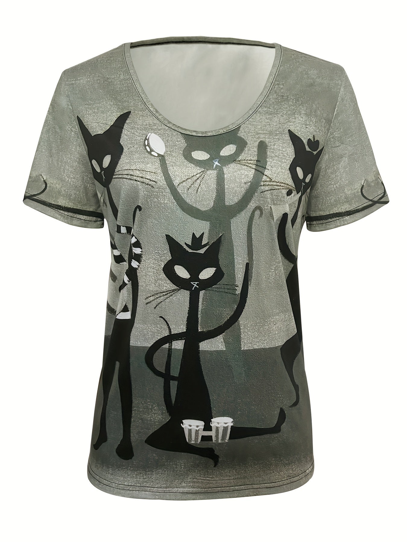 Vibrant Cat Print V-Neck Short Sleeve T-Shirt - Soft Micro Elasticity Polyester Fabric, Machine Washable, Casual Animal Pattern Top for Women - Perfect for Spring and Summer Season