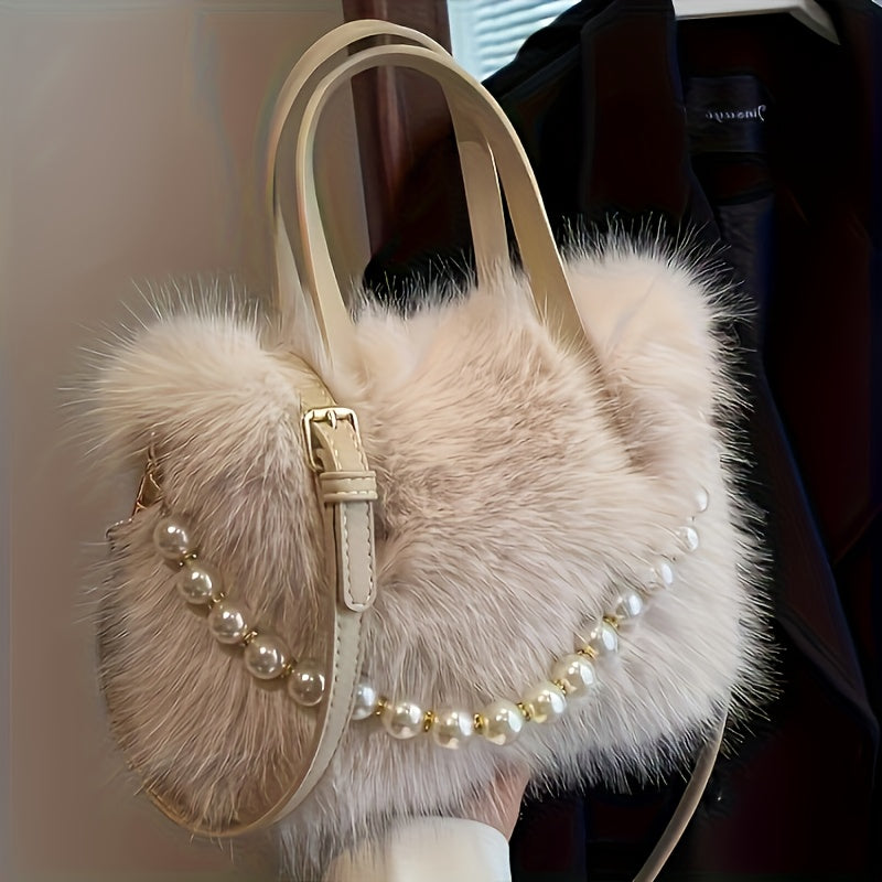 Available in 5 Colors, a Fashionable Faux Fur Crossbody Bag with Accents - Women's Soft Plush Shoulder Bag, Options in Deep Pink/white/black