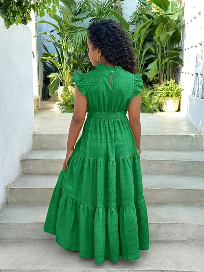 Elegant Long Dress for Teen Girls with Pleated Stand Collar, Ruffled Cap Sleeves, and Belt | Solid Color, Slight Stretch Fabric, Suitable for Casual Outdoor Vacations