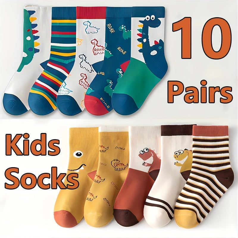 [Adorable | Dinosaur] 10 Pairs Boy's Adorable Dinosaur Pattern Crew Socks | Comfy Breathable Casual Soft Socks | For Kid's Outdoor Activities, Summer