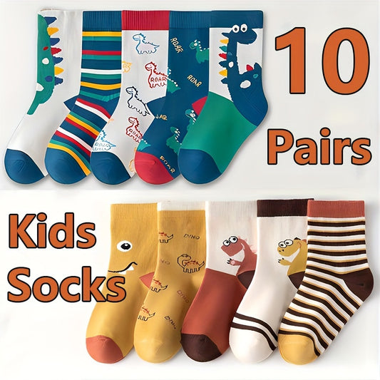 [Adorable | Dinosaur] 10 Pairs Boy's Adorable Dinosaur Pattern Crew Socks | Comfy Breathable Casual Soft Socks | For Kid's Outdoor Activities, Summer