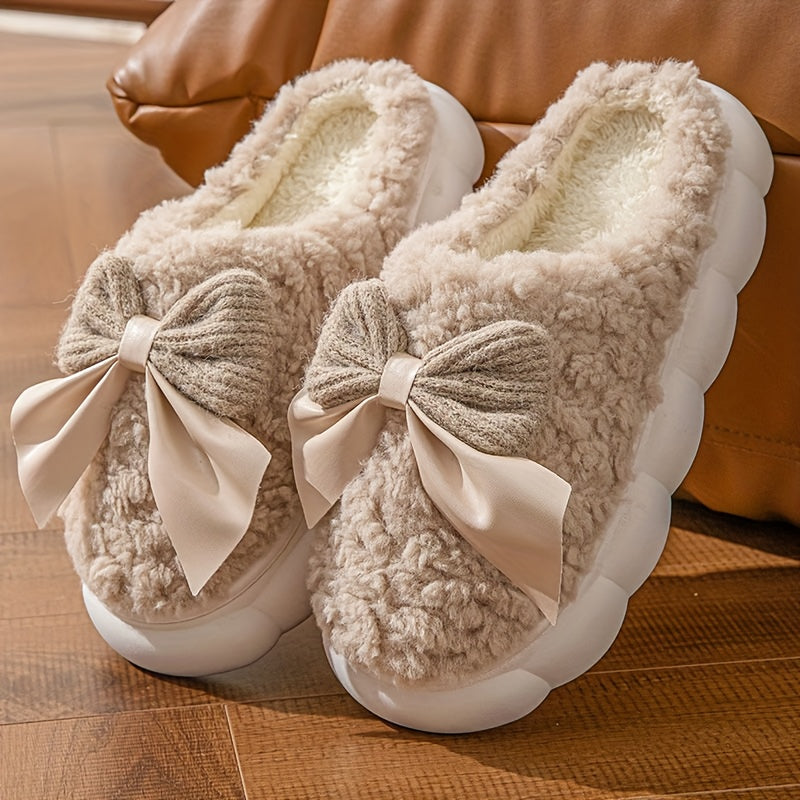 Women'S Cozy Fleece Slippers with Bow Detail - Thick Warm Indoor House Shoes, Soft Fabric Upper & PVC Sole, Cute Bow Design for Home Comfort, Winter Slippers | Playful Design | Plush Interior Lining, Women Slipper, Slipper For Woman, Maternity Slipper