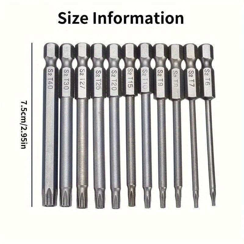 11pcs Precision Star Torx Bit Set - High-Strength S2 Alloy Steel, 75mm Length, T6-T40 Sizes, Versatile Mechanic & Home DIY Tool Kit with Hex Socket for Vehicle and Electrical Maintenance, Durable and Corrosion-Resistant