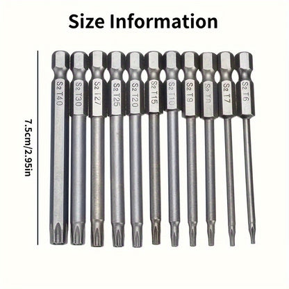 11pcs Precision Star Torx Bit Set - High-Strength S2 Alloy Steel, 75mm Length, T6-T40 Sizes, Versatile Mechanic & Home DIY Tool Kit with Hex Socket for Vehicle and Electrical Maintenance, Durable and Corrosion-Resistant
