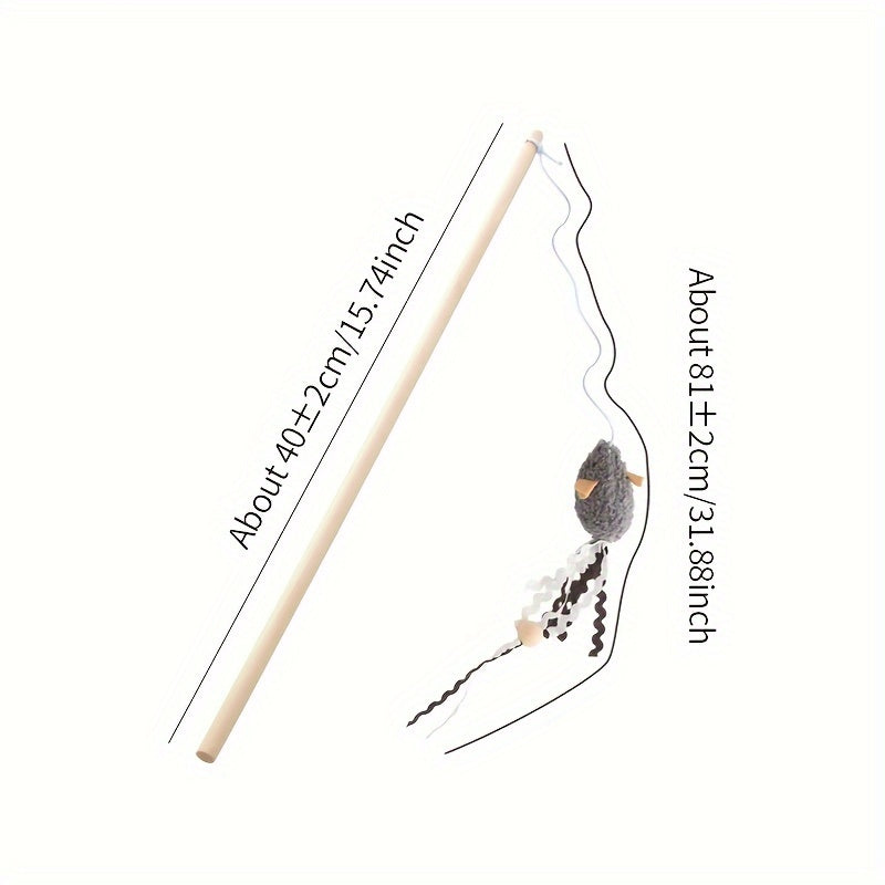Interactive Plush Mouse Cat Teaser Stick with Wooden Rod - Fun and Engaging Toy for Cats