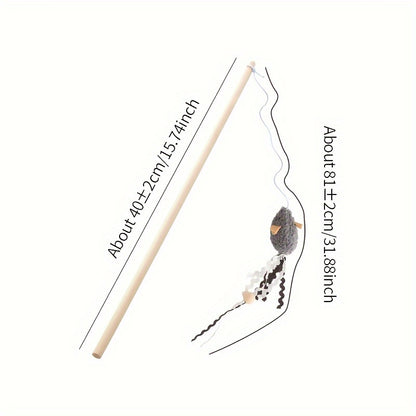 Interactive Plush Mouse Cat Teaser Stick with Wooden Rod - Fun and Engaging Toy for Cats
