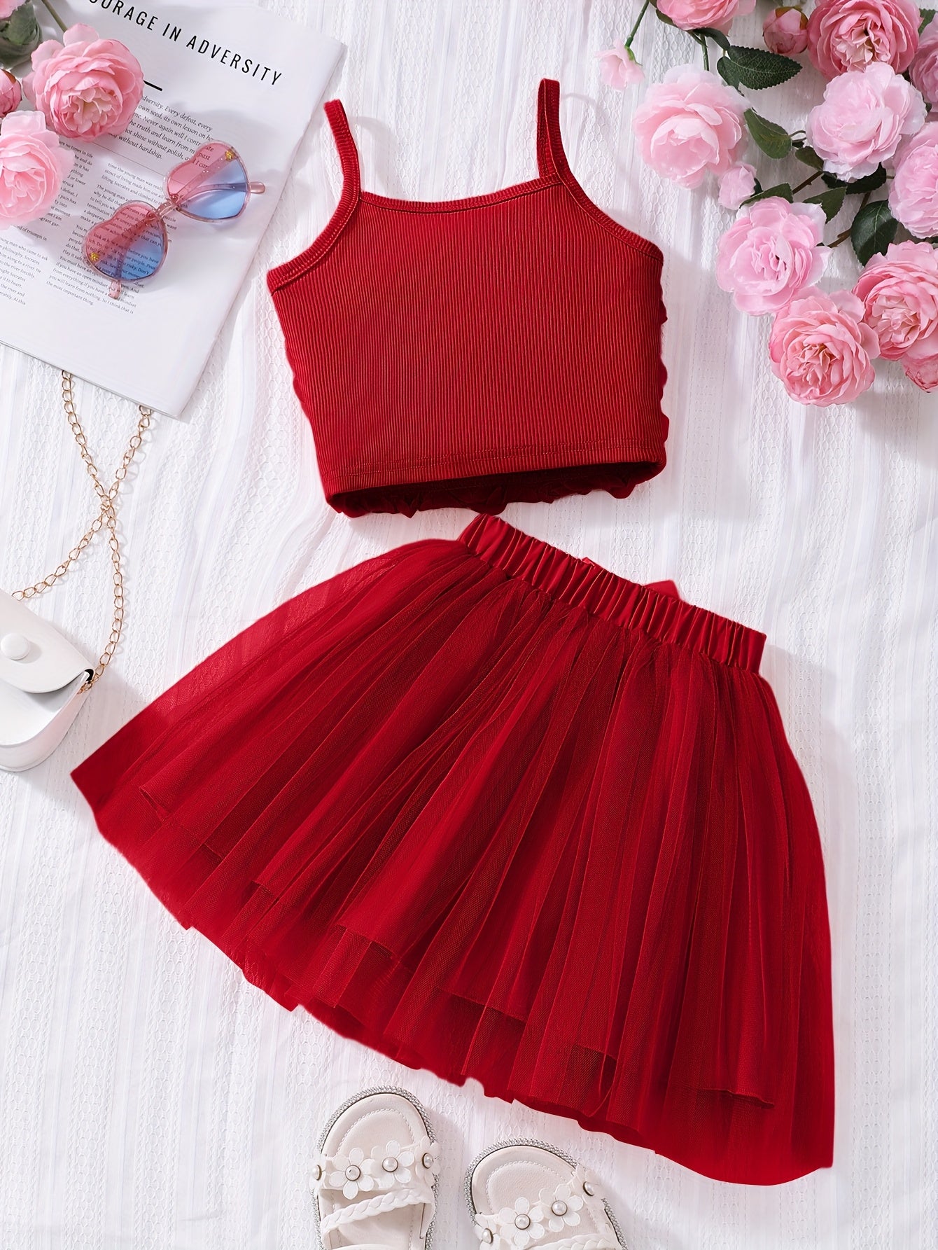 ' Stylish Floral Top with Straps And a Tulle Skirt Two-Piece Set for Spring And Summer