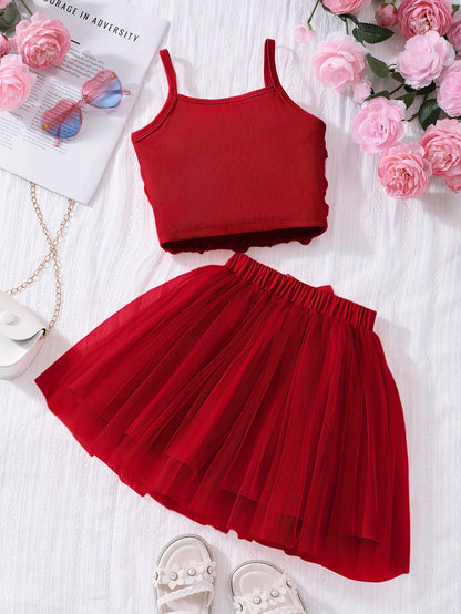 ' Stylish Floral Top with Straps And a Tulle Skirt Two-Piece Set for Spring And Summer