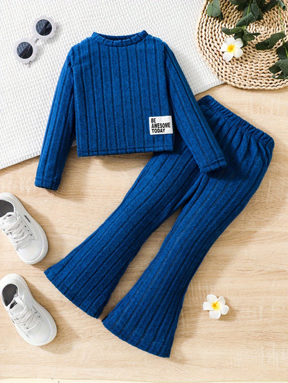 Young Girl Letter Collage Detail T-Shirt And Flared Pants, for Outdoor