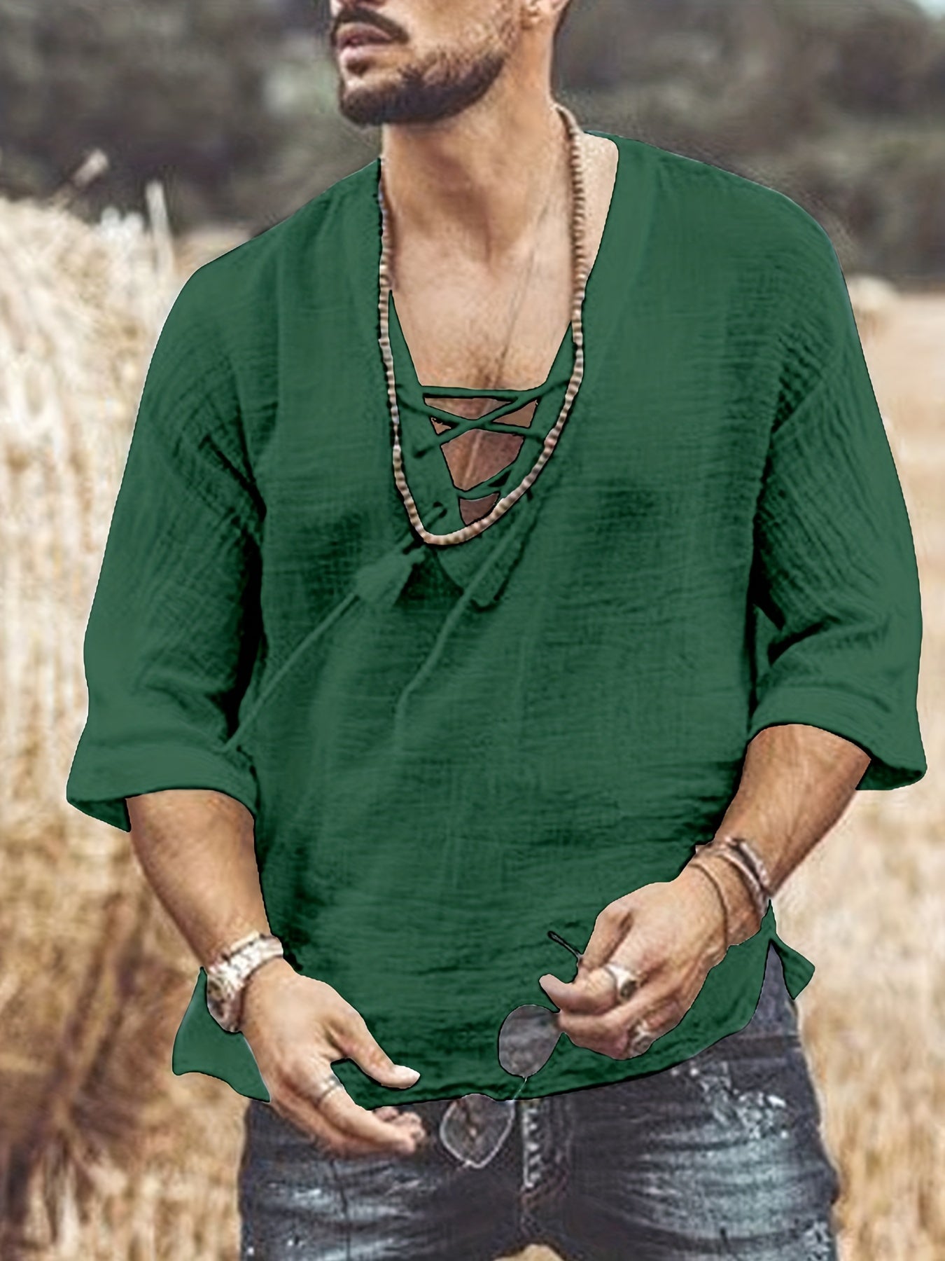 [Summer T-Shirt] Breathable Summer Men's V-Neck Short-Sleeve T-Shirt | Casual Fashion Solid Color Drawstring with Wrinkle Fabric