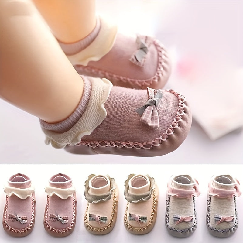 Spring/Autumn Cartoon Children's -Soled Socks, Baby's First Walking Floor Socks with Bow, Non-Slip Soft-Soled Shoe Socks for Kids