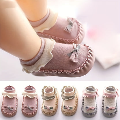 Spring/Autumn Cartoon Children's -Soled Socks, Baby's First Walking Floor Socks with Bow, Non-Slip Soft-Soled Shoe Socks for Kids