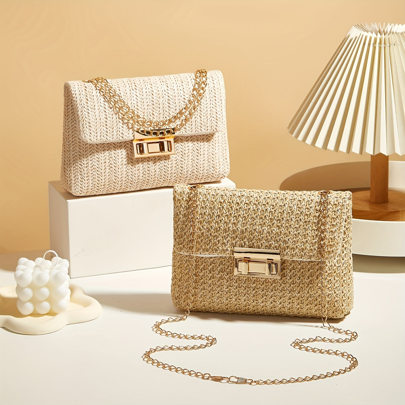 Handcrafted Women'S Straw Shoulder Bag, Woven Crossbody Bag with Chain Lock, Small Square Bag