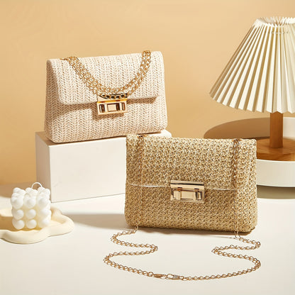 Handcrafted Women'S Straw Shoulder Bag, Woven Crossbody Bag with Chain Lock, Small Square Bag