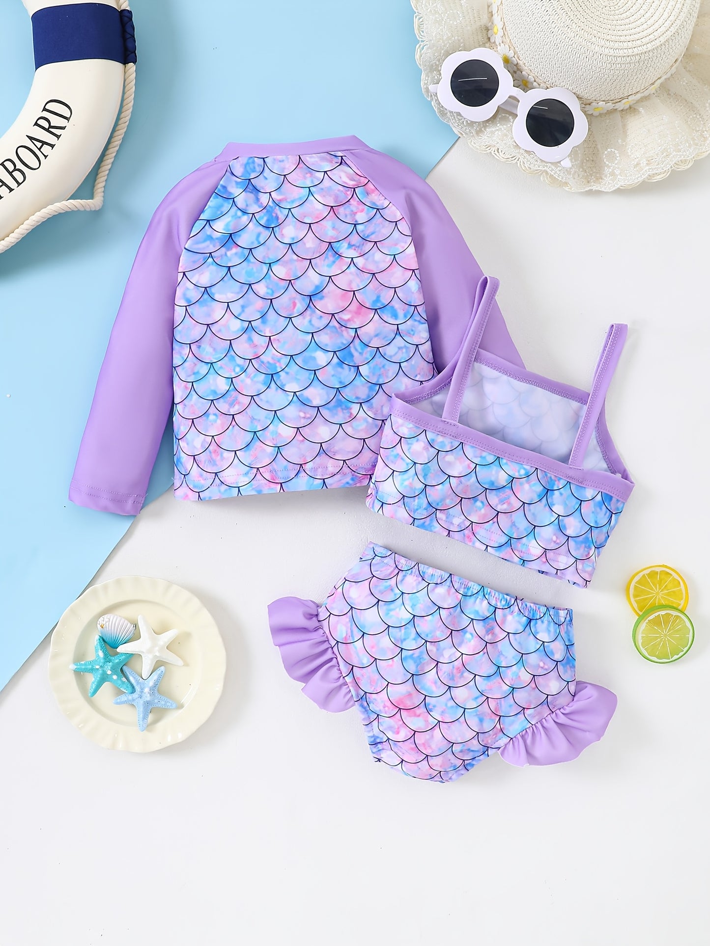 Girls' Fashion Swimsuit Set, Three-Piece Mermaid Rainbow Horse Rainbow Fish Scale, Cover-Up Camisole Shorts Bikini Split Set