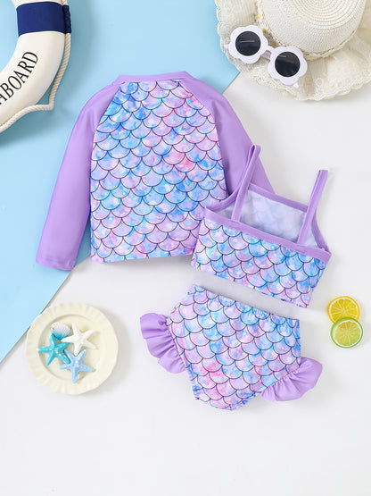 Girls' Fashion Swimsuit Set, Three-Piece Mermaid Rainbow Horse Rainbow Fish Scale, Cover-Up Camisole Shorts Bikini Split Set