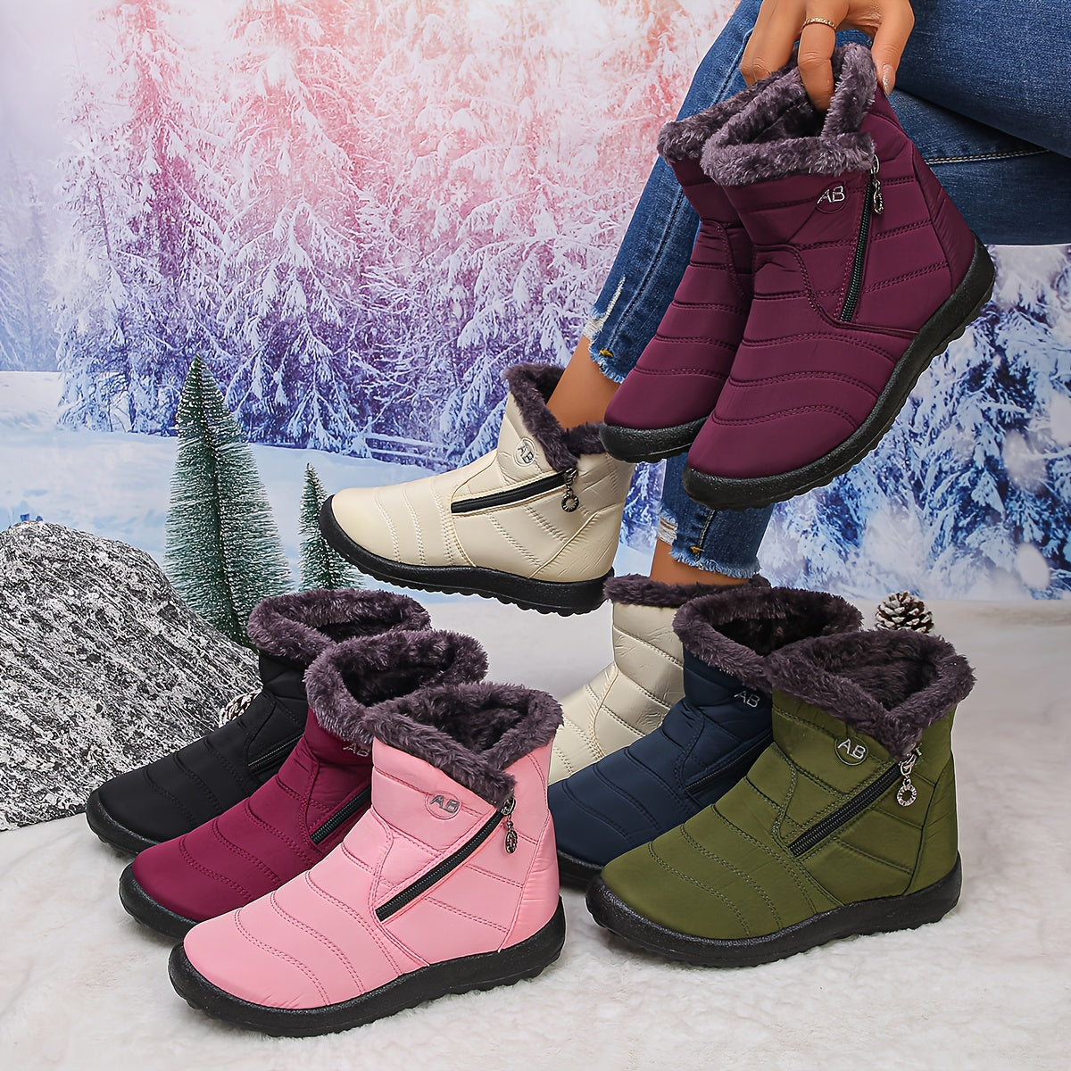 Women's Ankle Booties with Fuzzy Collar Stylish Winter Footwear Comfortable Slip - On Design Trendy Short Boots Perfect for Cold Weather Errands Shopping Weekend Walks and Casual Gatherings for Ladies, Women Shoes